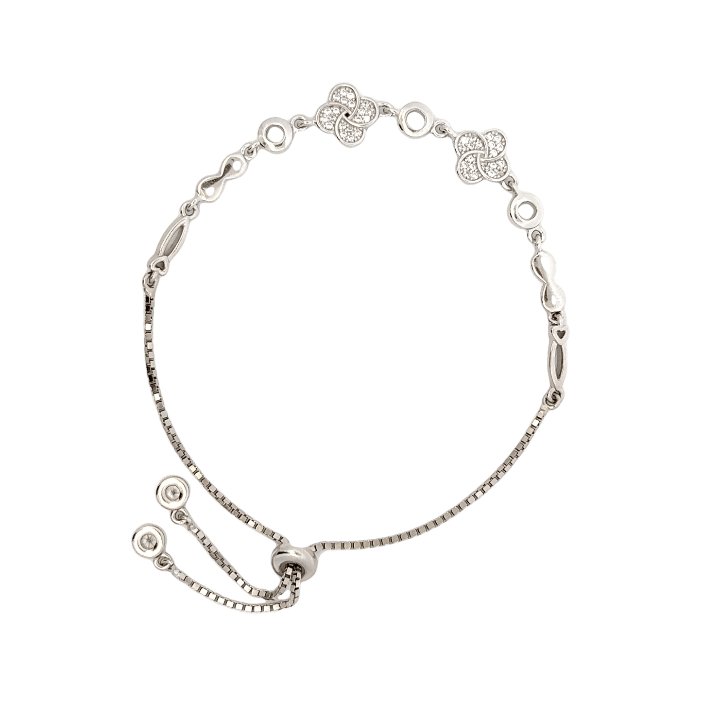 Rhodium clover and infinity charm bracelet