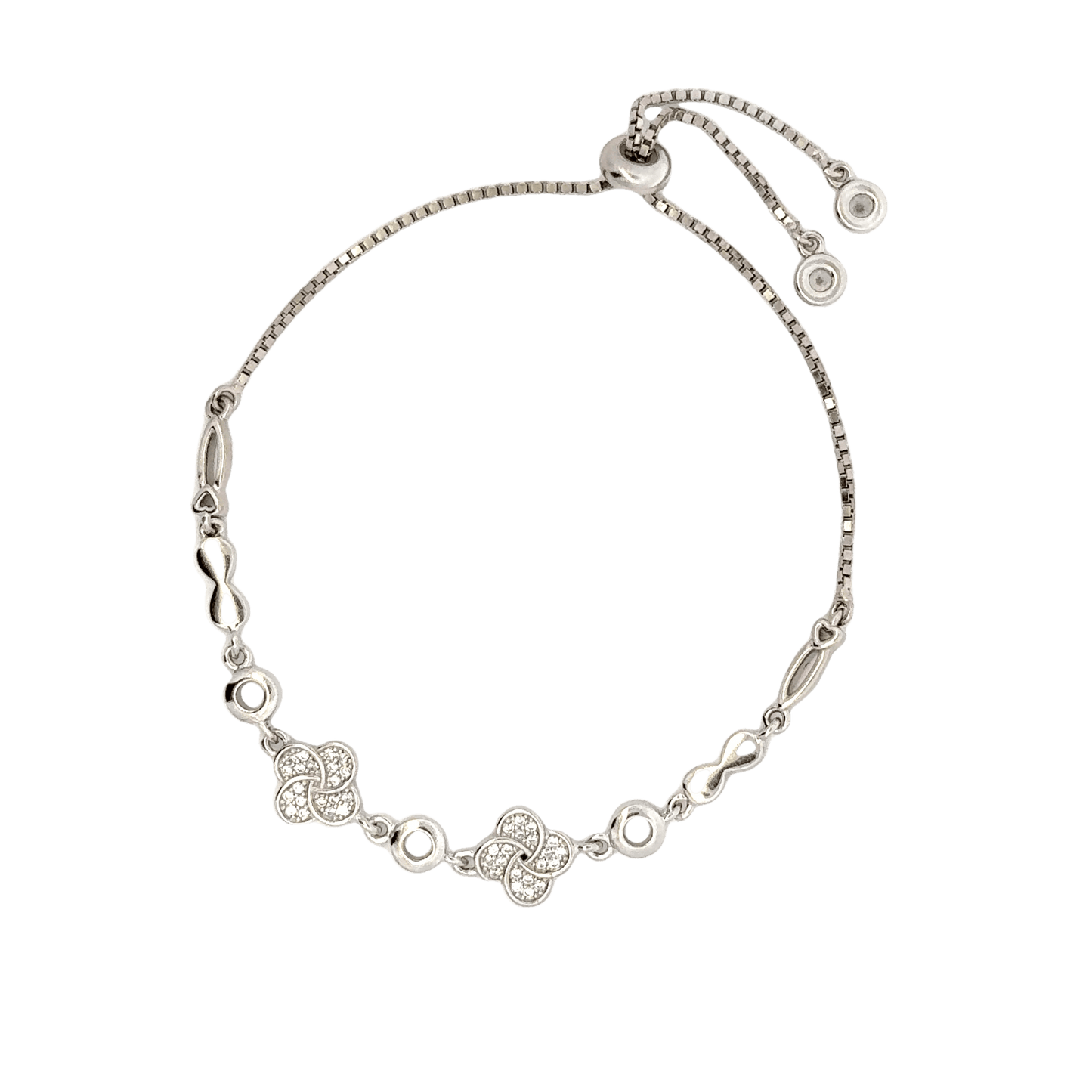 Rhodium clover and infinity charm bracelet