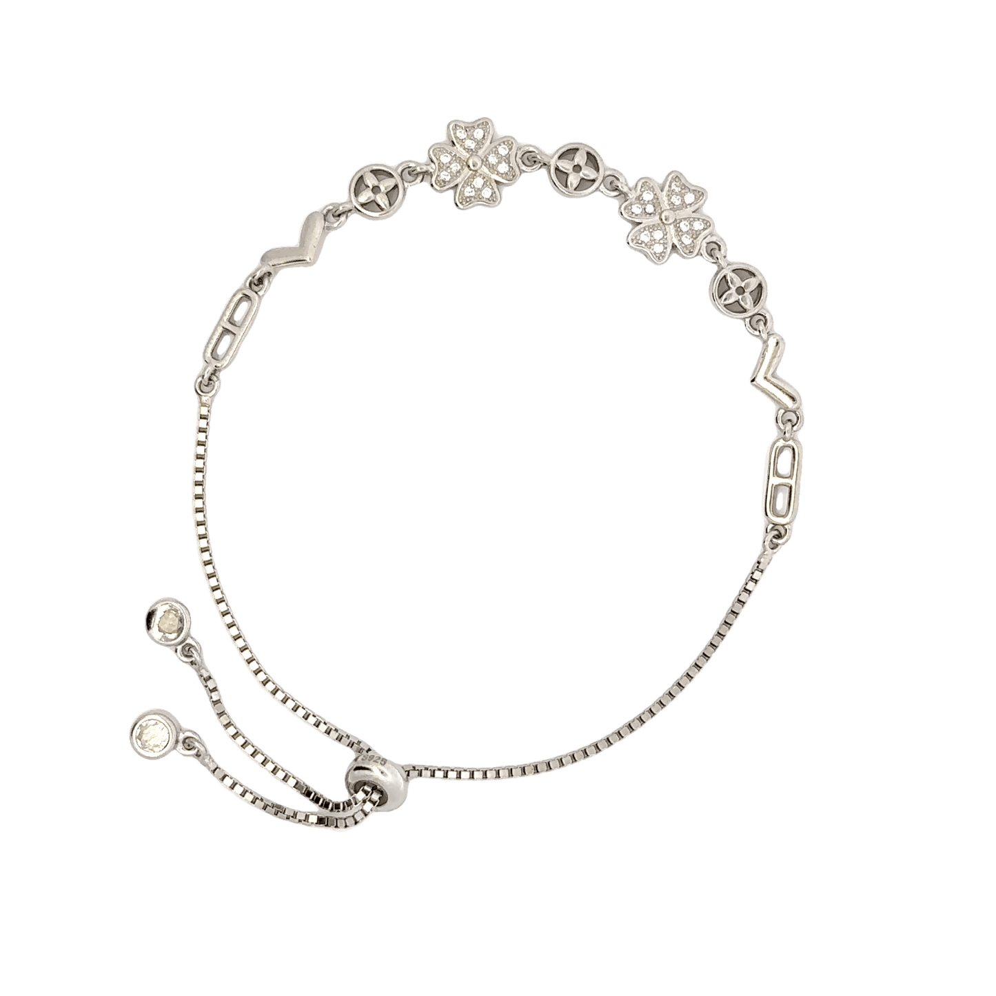 Rhodium clover and circle charm bracelet