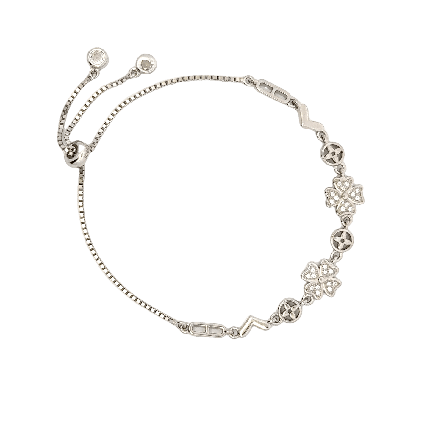 Rhodium clover and circle charm bracelet