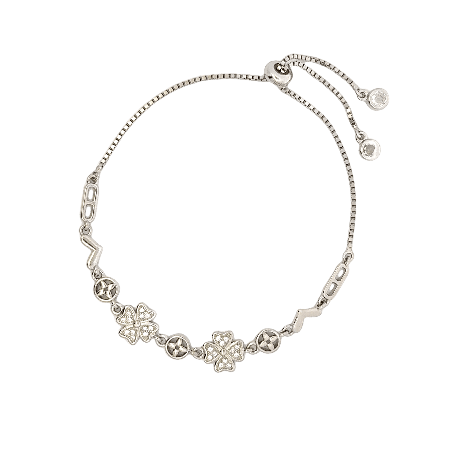 Rhodium clover and circle charm bracelet