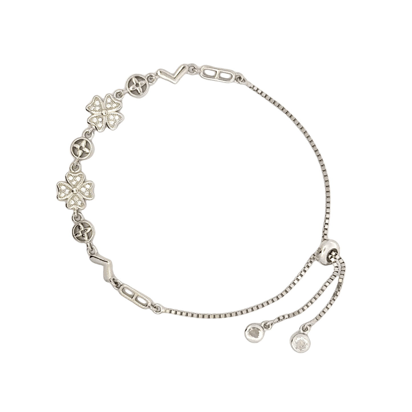 Rhodium clover and circle charm bracelet