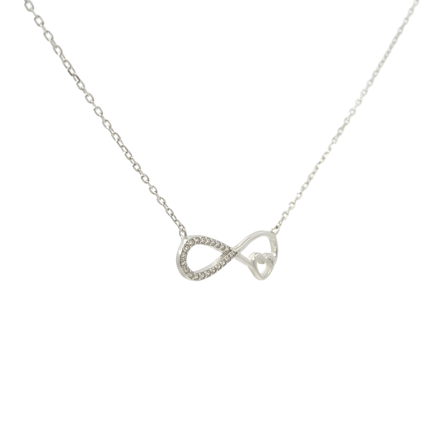 Rhodium infinity heart chain with pendent