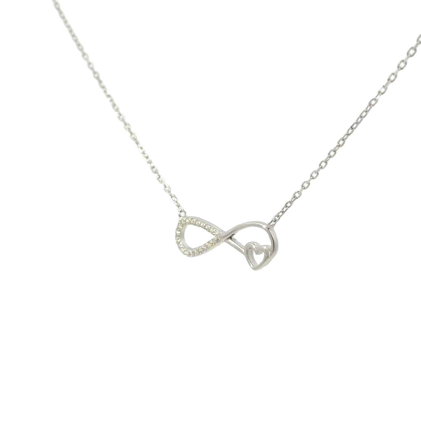 Rhodium infinity heart chain with pendent