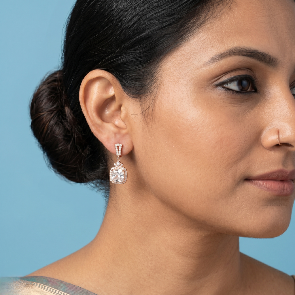 Rose Gold Cushion Cut Diamond Halo Drop Earrings