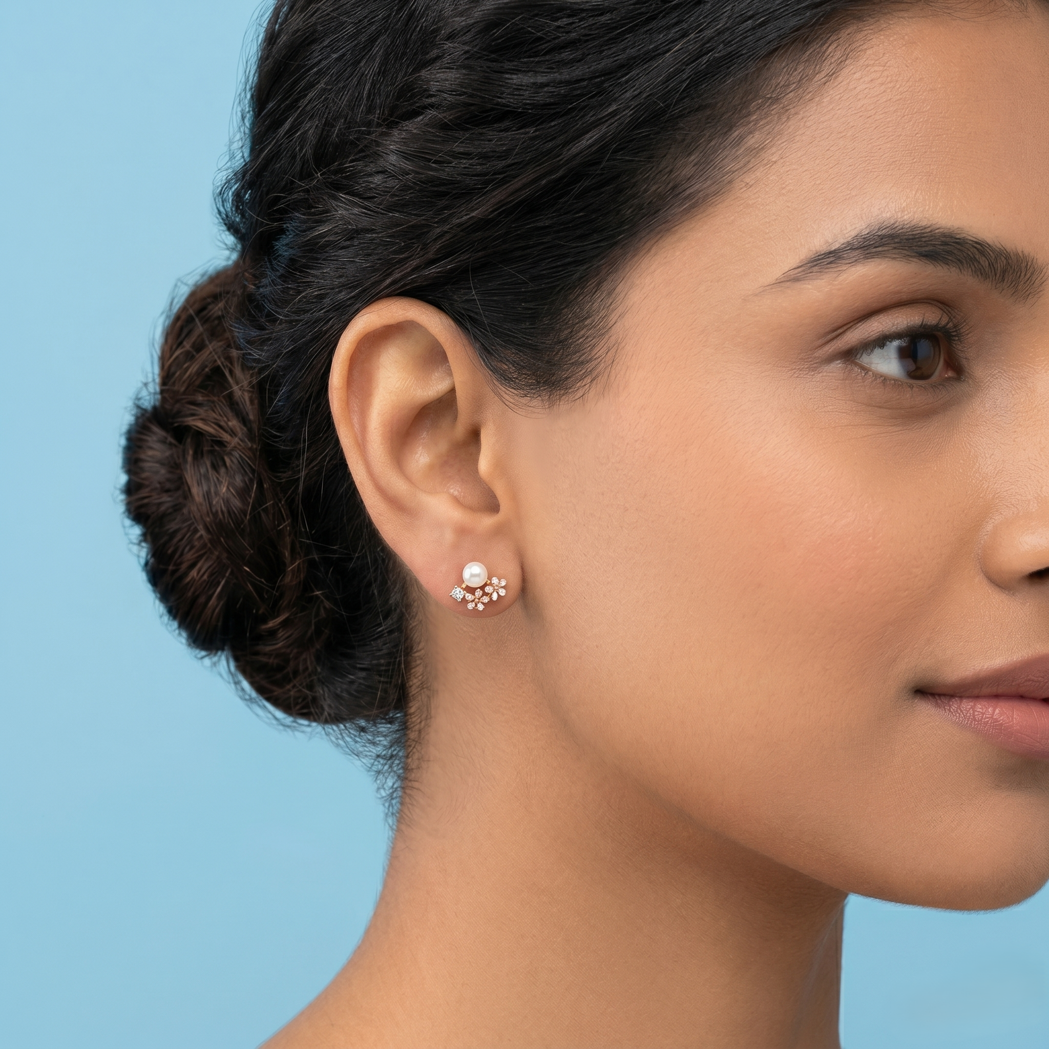 Rose Gold Pearl Stud Earrings with Enamel Flower Cluster