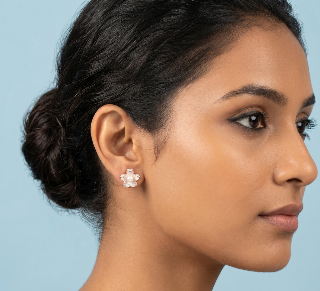 Rose gold flower with pearl earrings