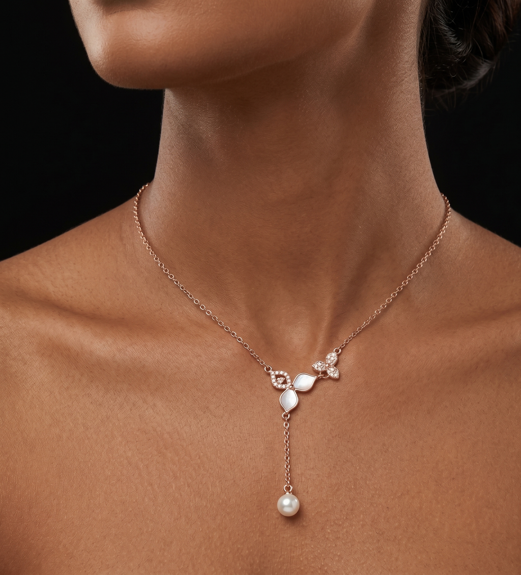 Flower and pearl drop rose gold chain pendant
