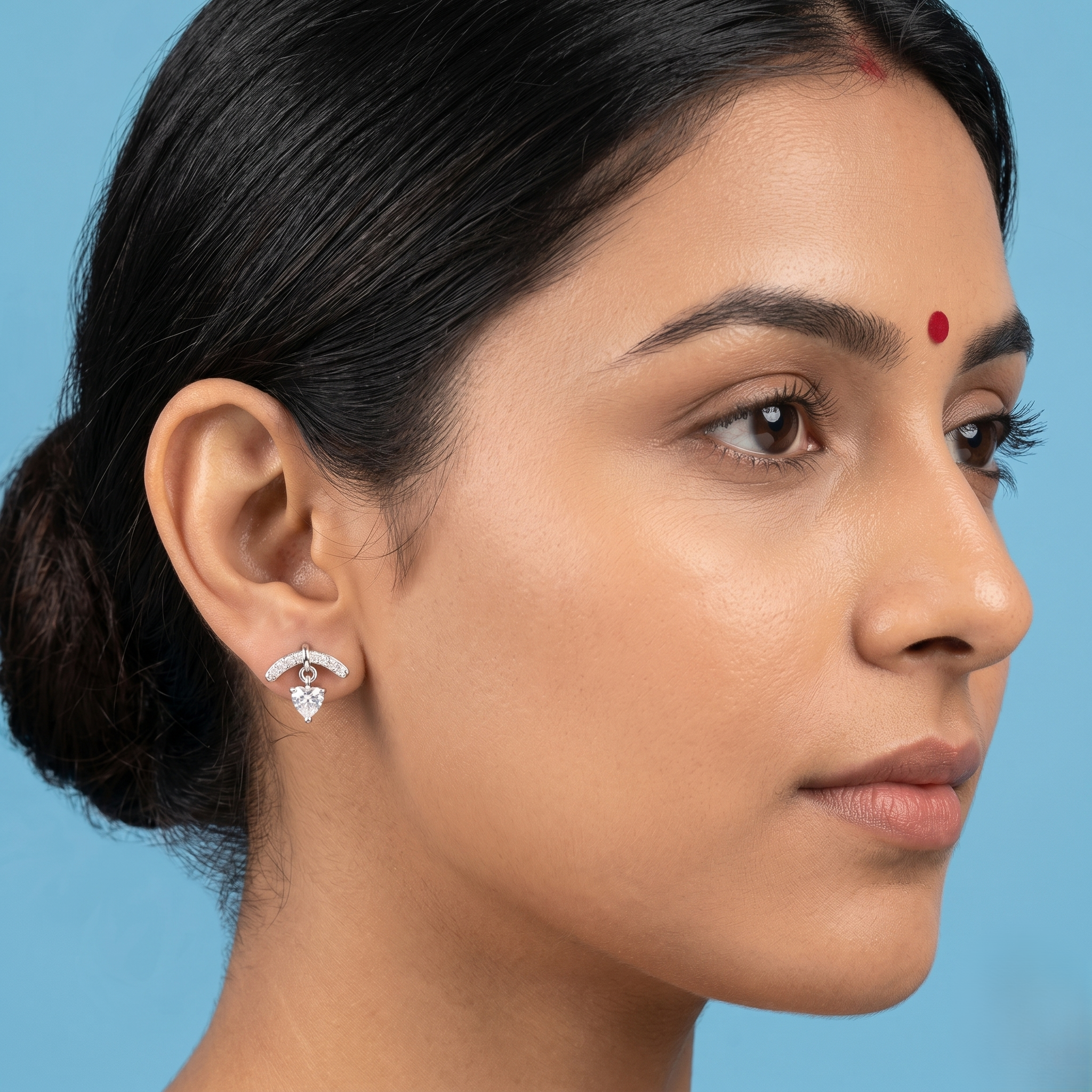 Curved Bar Drop Earrings with Heart Crystal