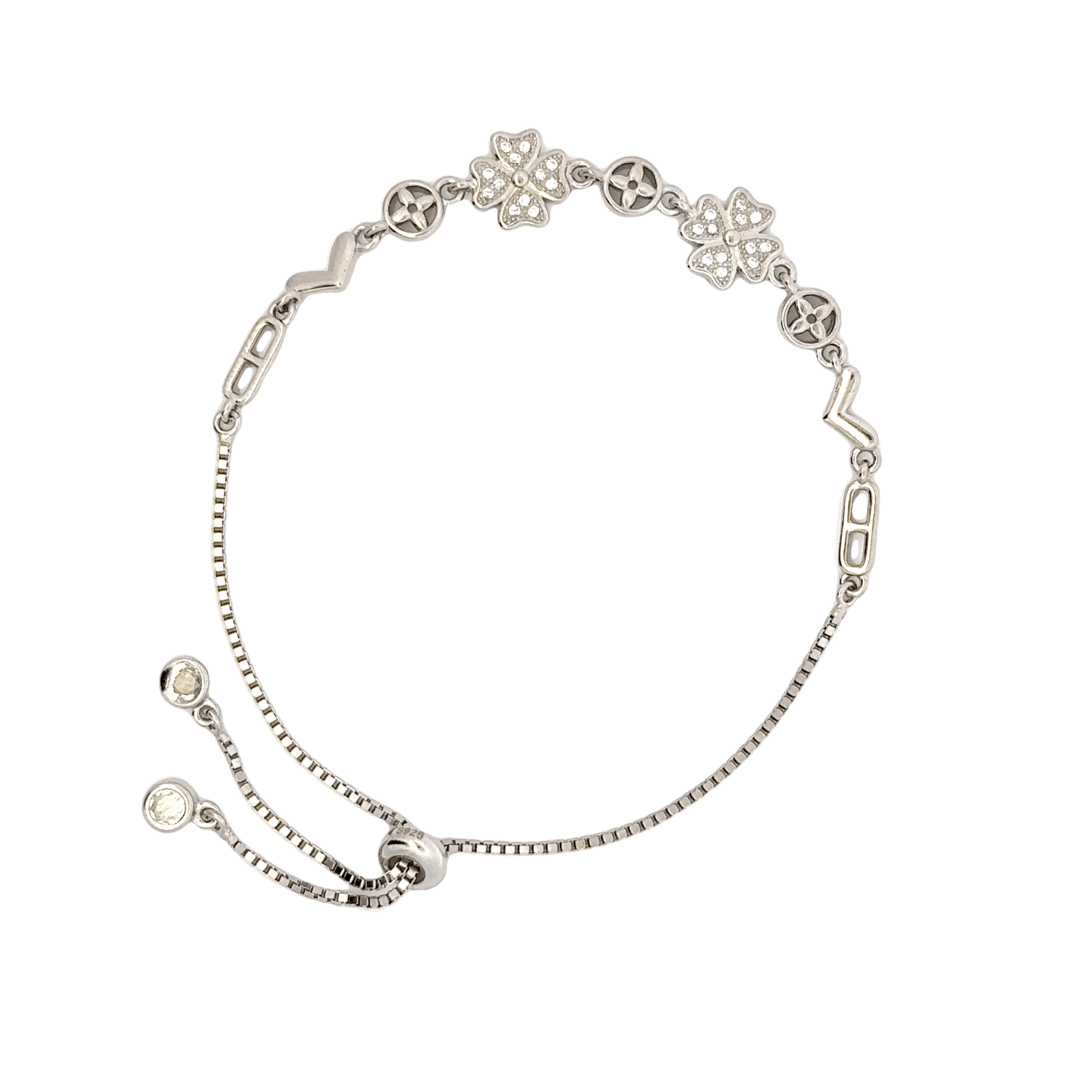 Rhodium clover and circle charm bracelet