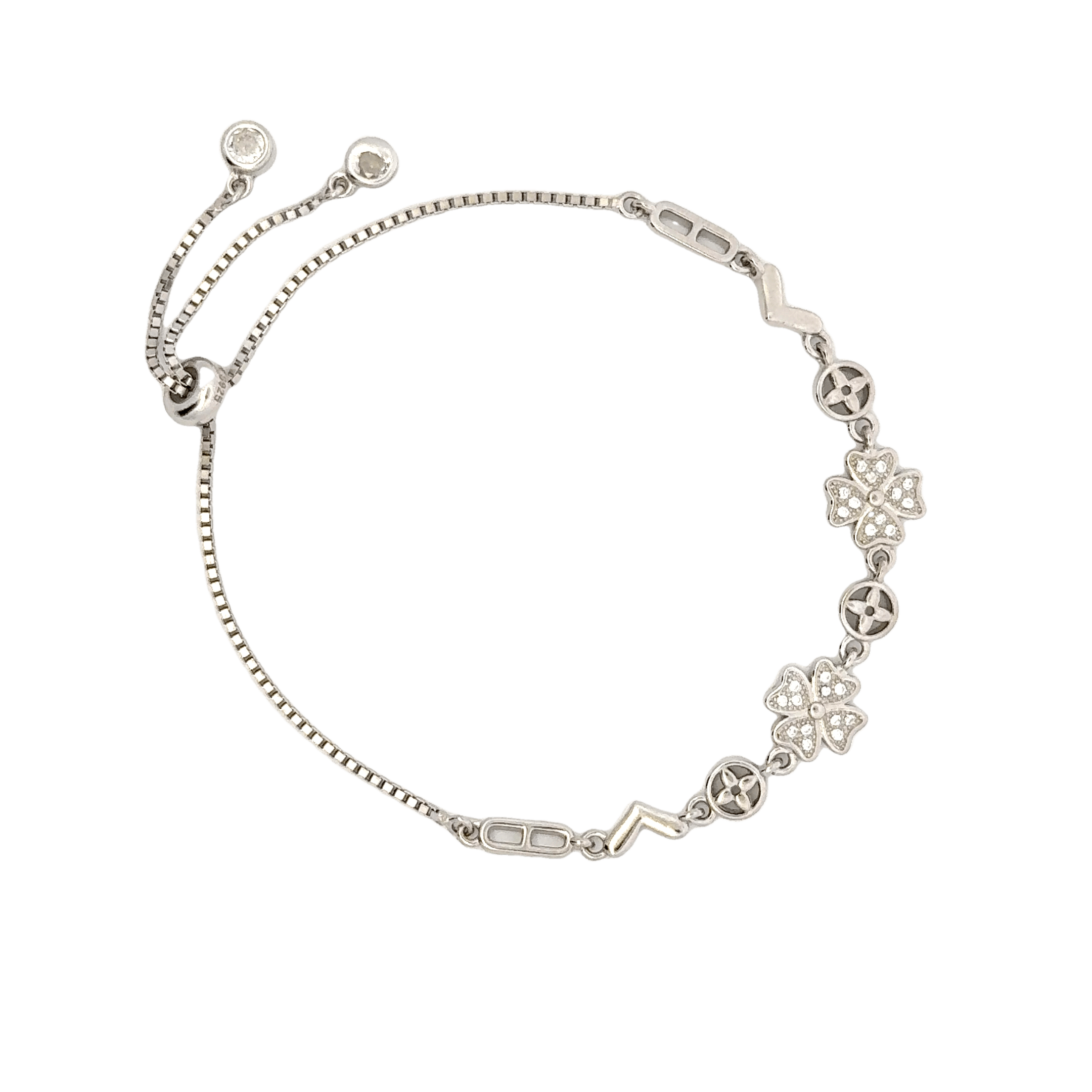 Rhodium clover and circle charm bracelet