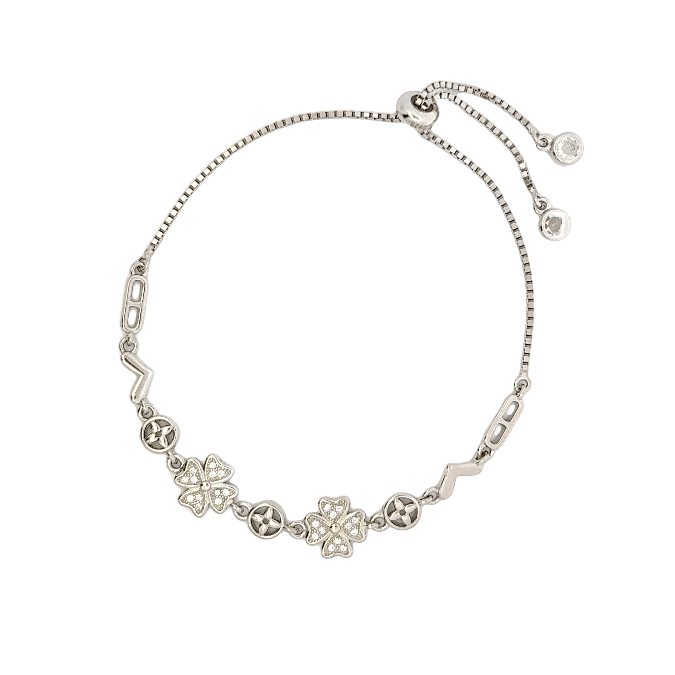 Rhodium clover and circle charm bracelet