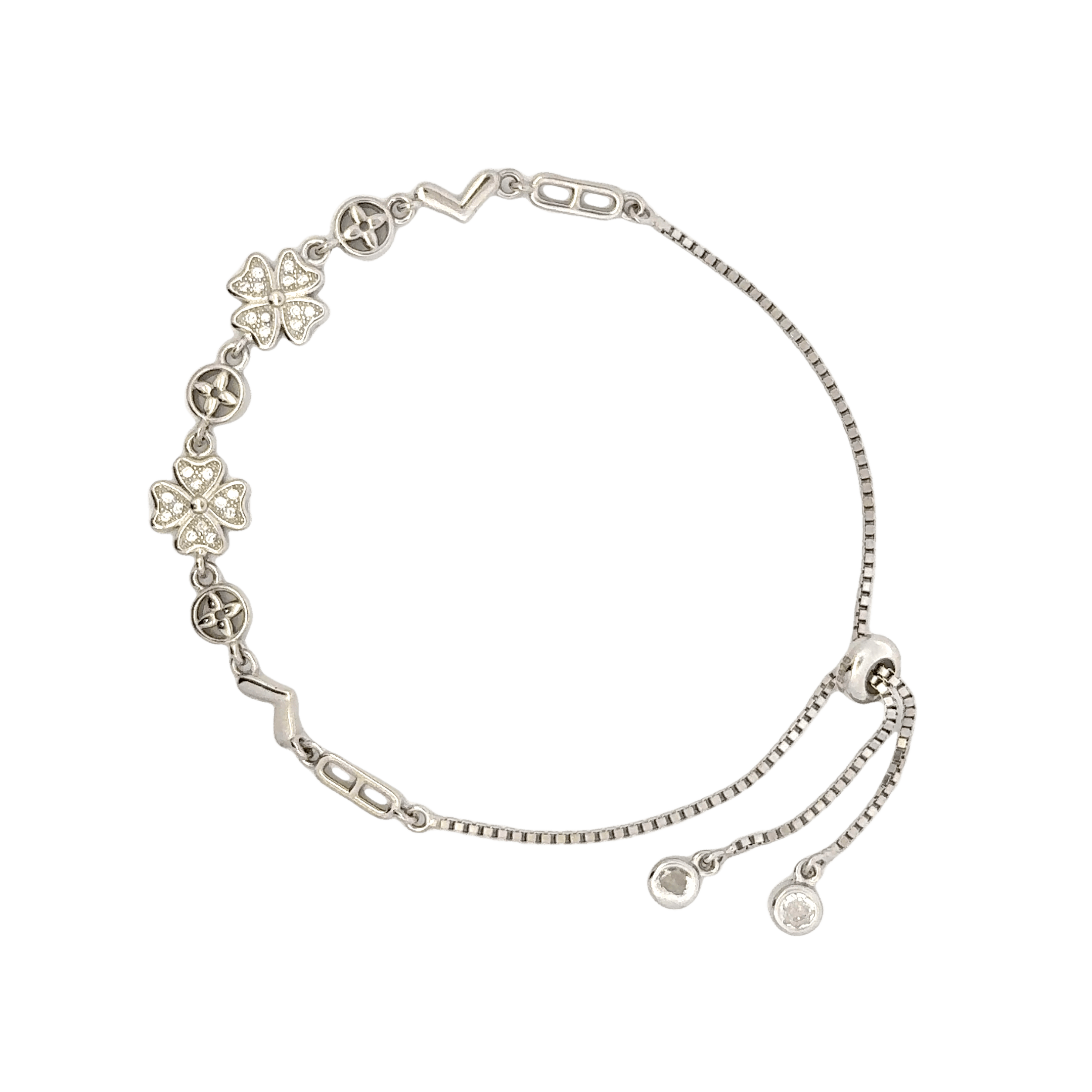 Rhodium clover and circle charm bracelet
