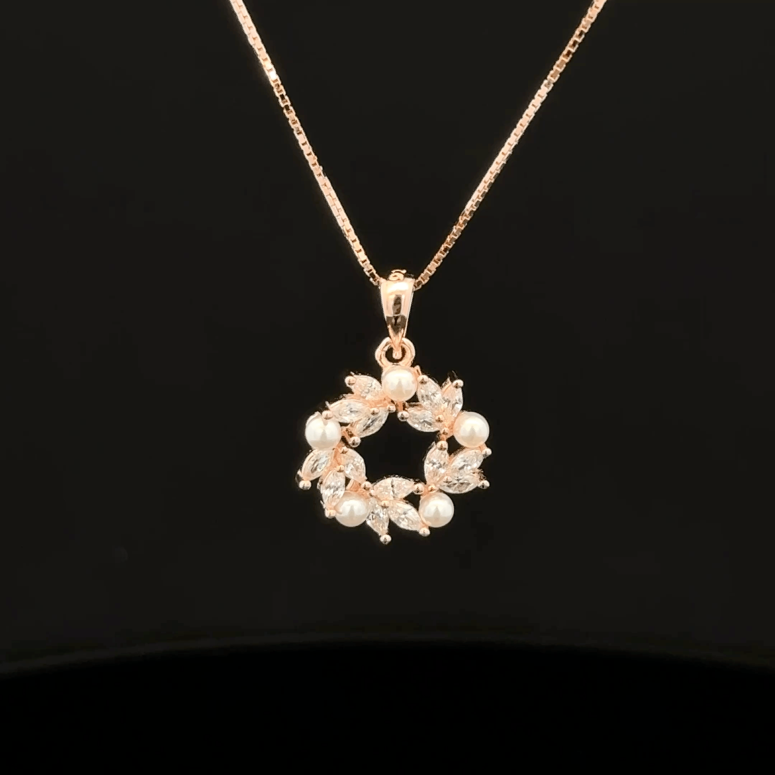 Floral Pearl Halo rose gold chain pendant