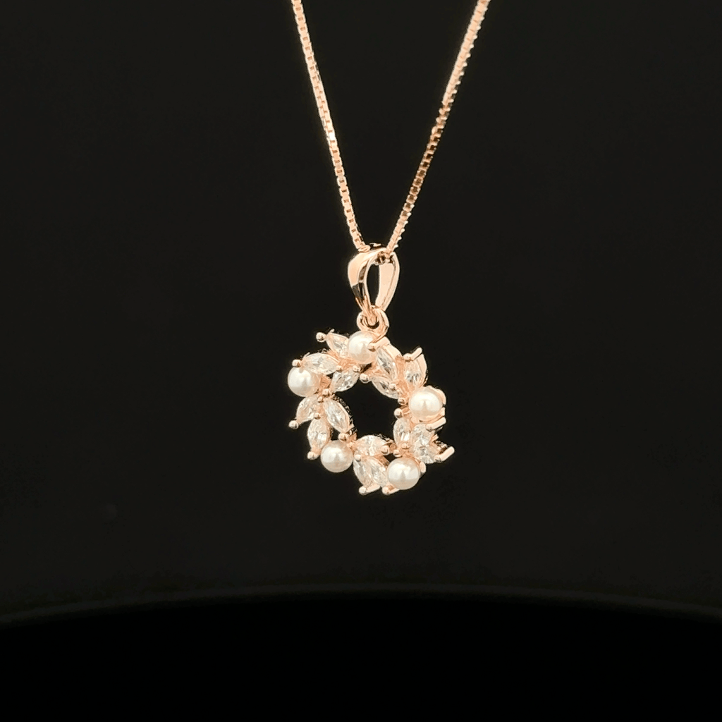 Floral Pearl Halo rose gold chain pendant