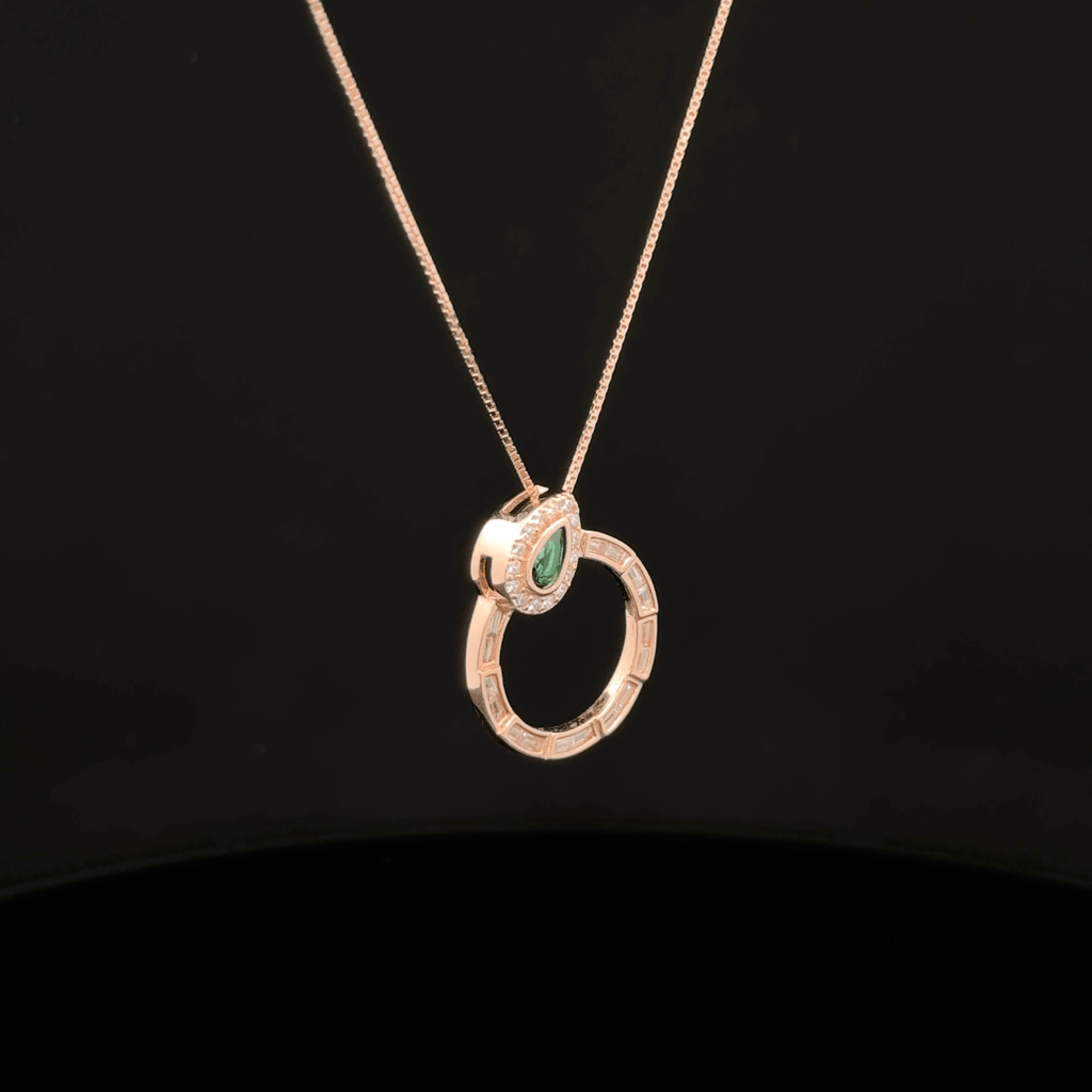 Baguette Circle with Pear Emerald rose gold chain pendant