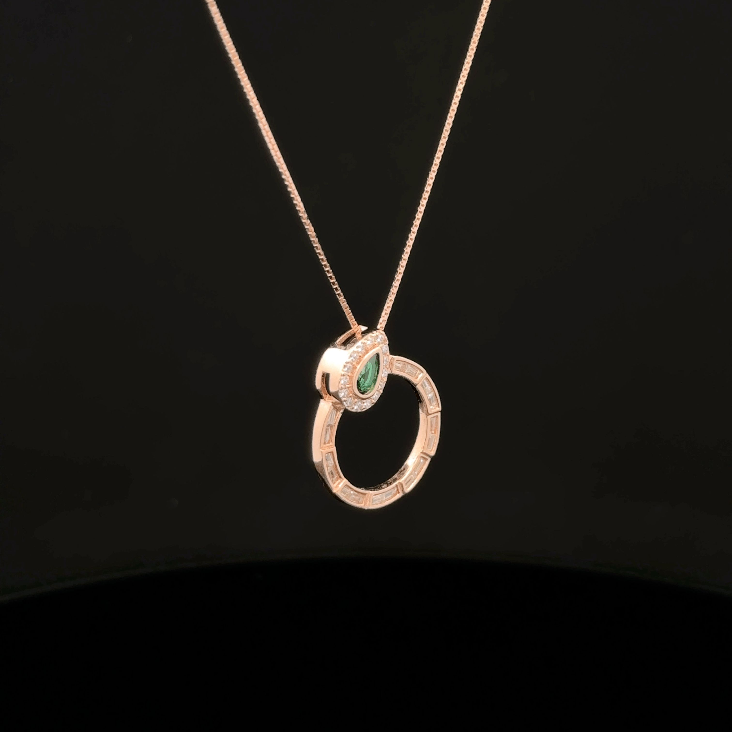 Baguette Circle with Pear Emerald rose gold chain pendant