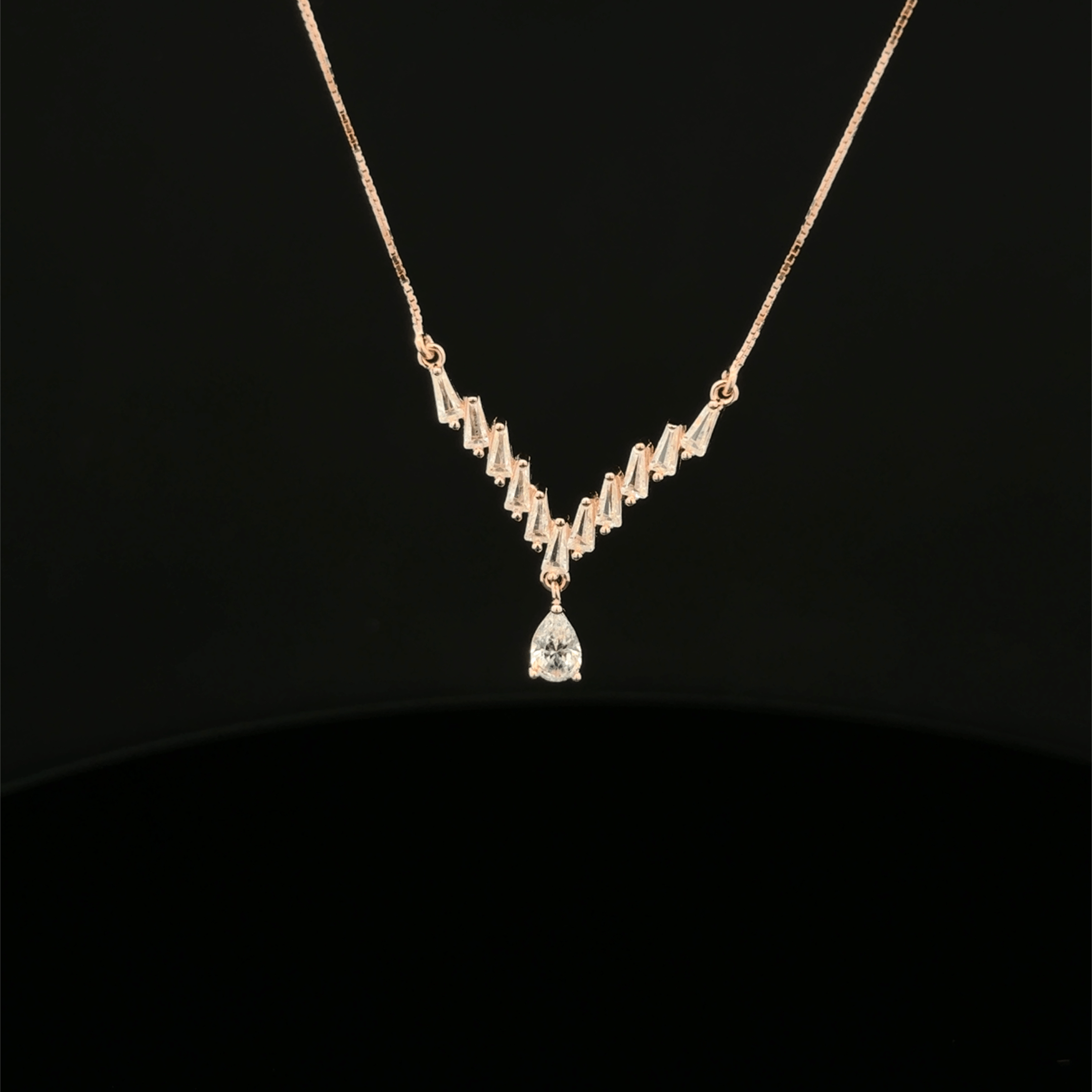 Baguette Chevron Pear Drop rose gold chain pendant