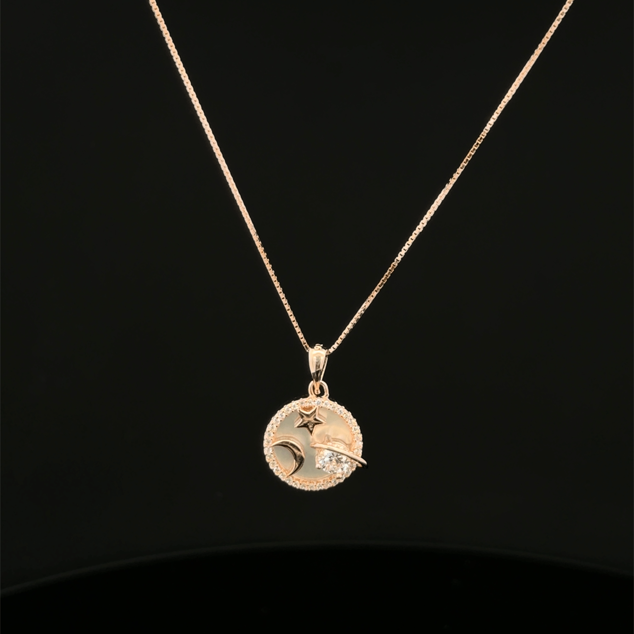 Moon Star and Planet Coin rose gold chain pendant