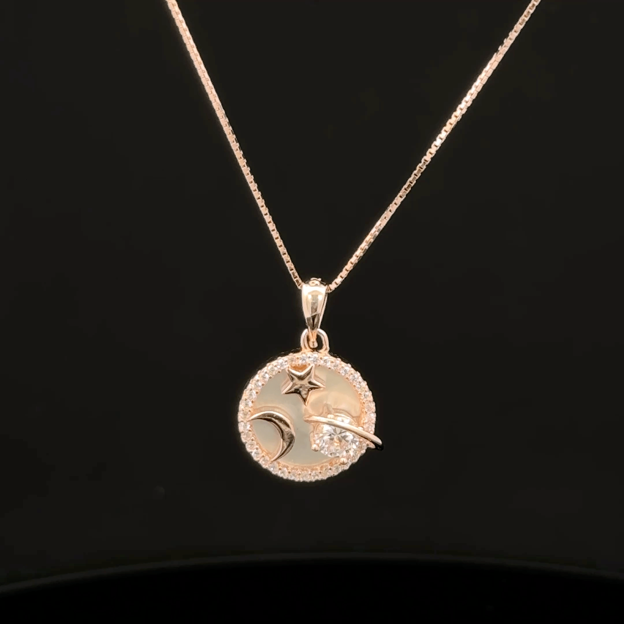 Moon Star and Planet Coin rose gold chain pendant