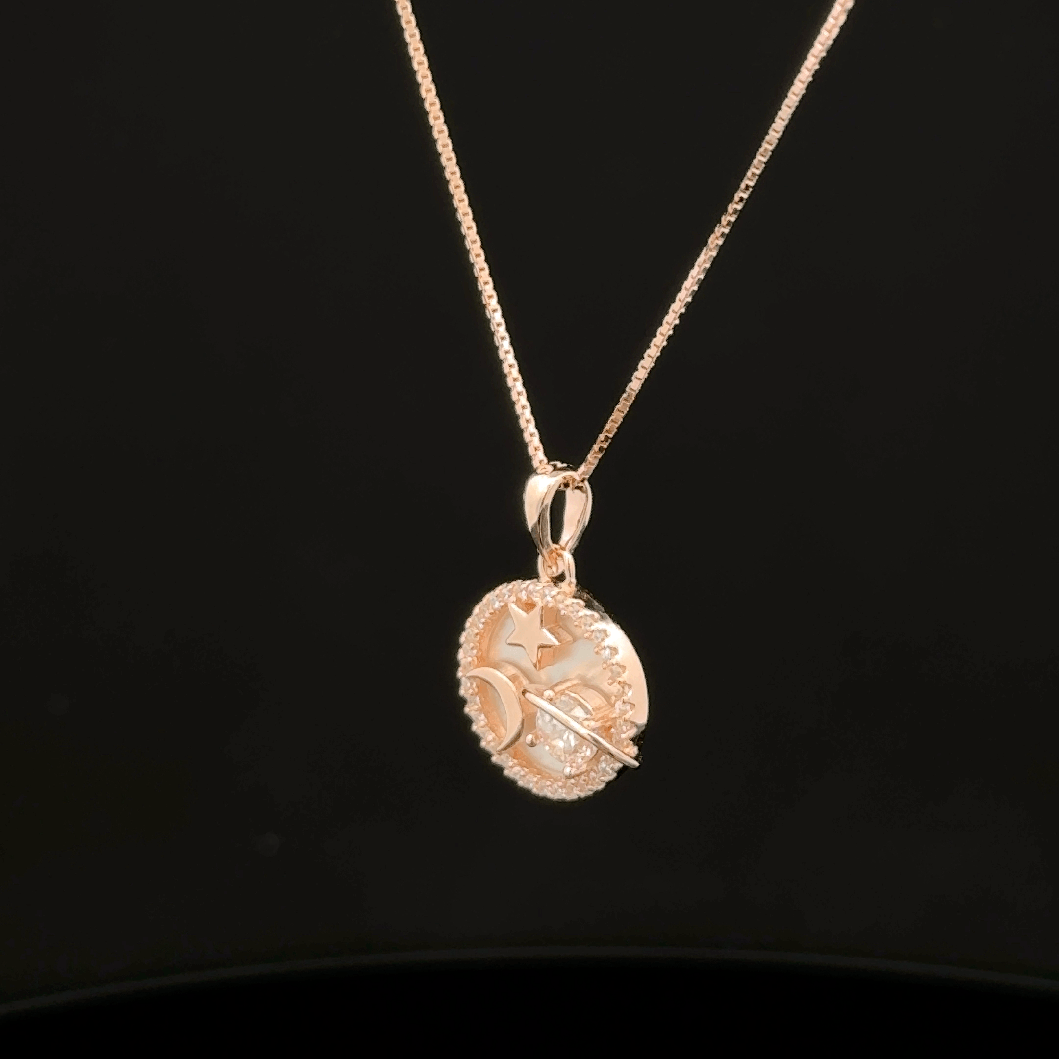 Moon Star and Planet Coin rose gold chain pendant