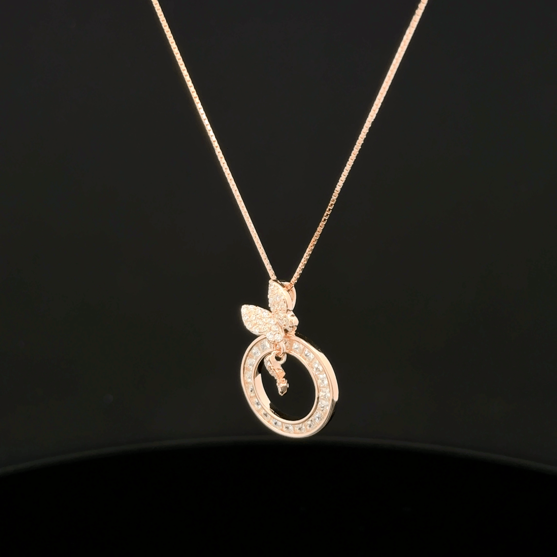Butterfly with circle rose gold chain pendant