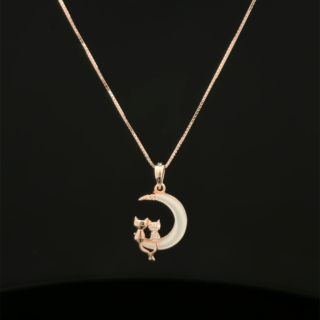 Half moon with cat rose gold chain pendant