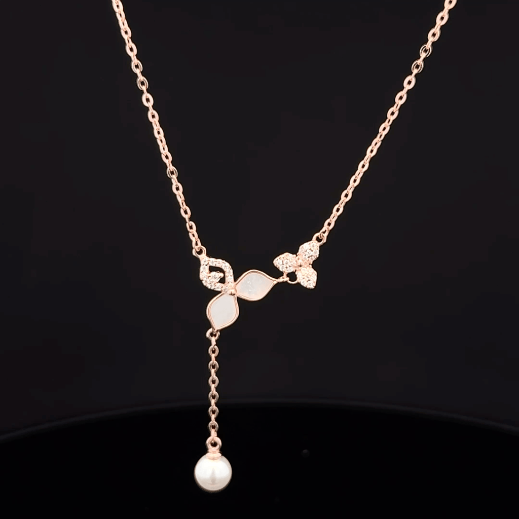 Flower and pearl drop rose gold chain pendant