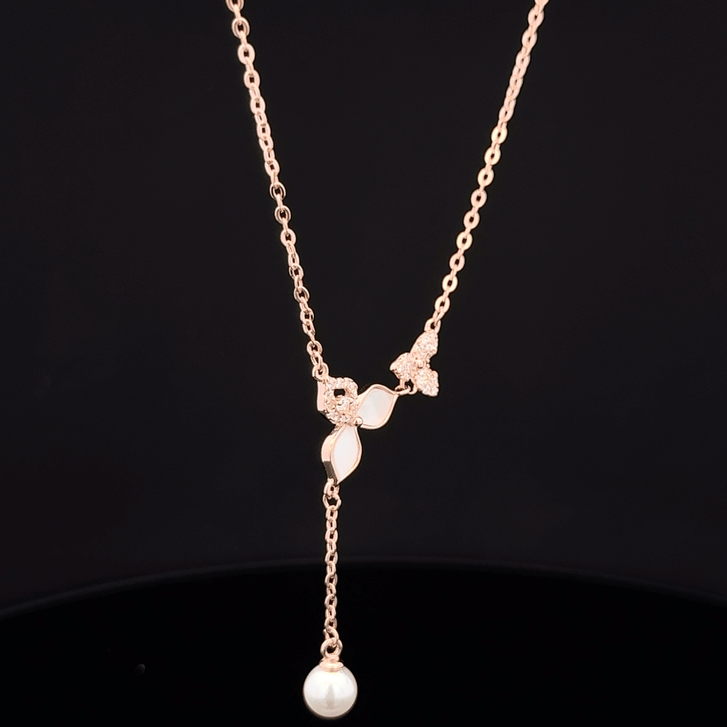 Flower and pearl drop rose gold chain pendant