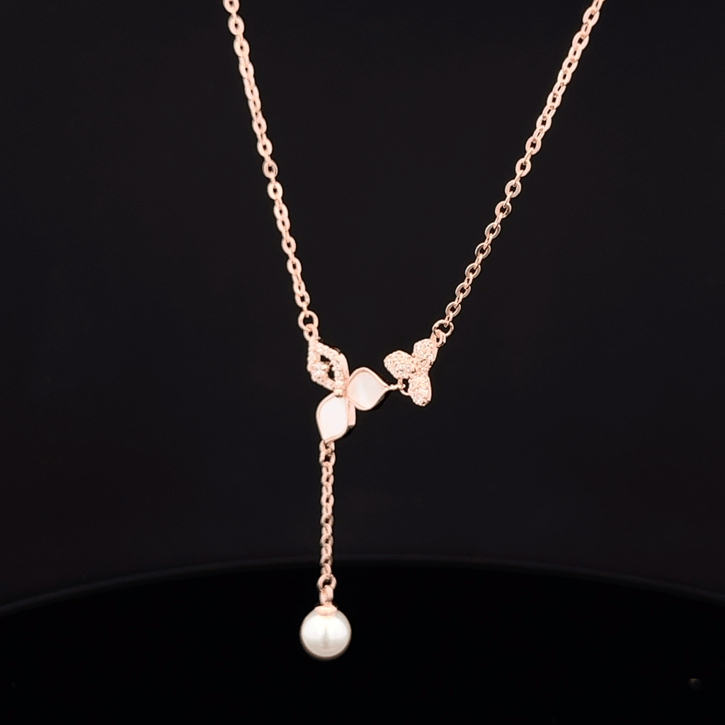 Flower and pearl drop rose gold chain pendant