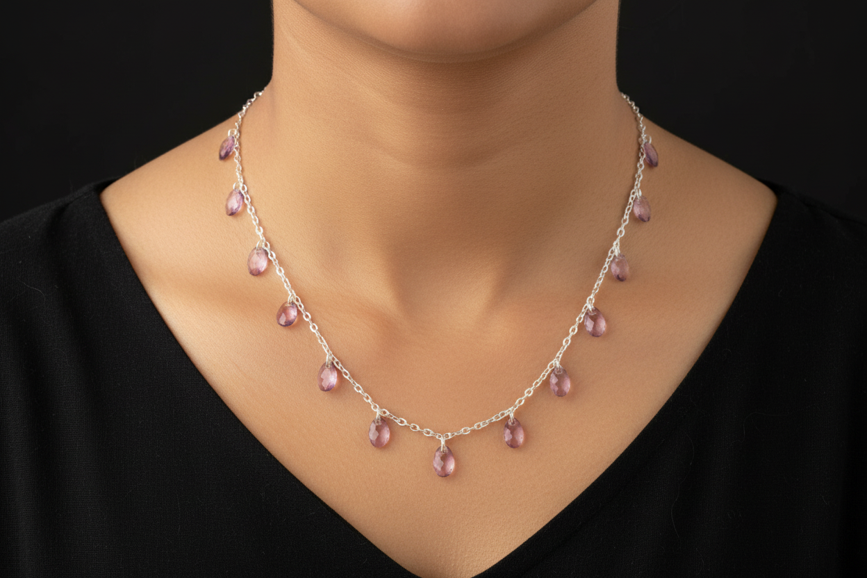 Necklace with pink gemstones on a black background