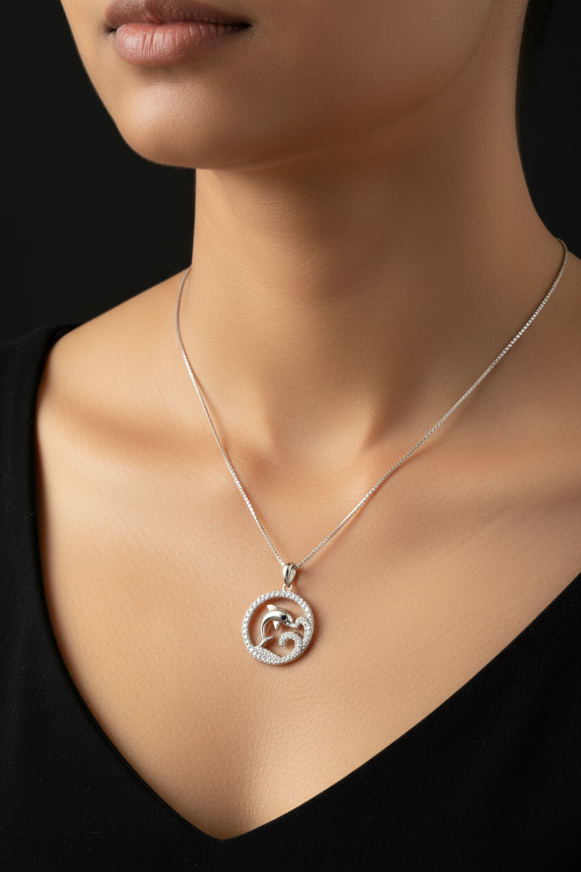 Silver necklace with a pendant featuring two dolphins on a black background