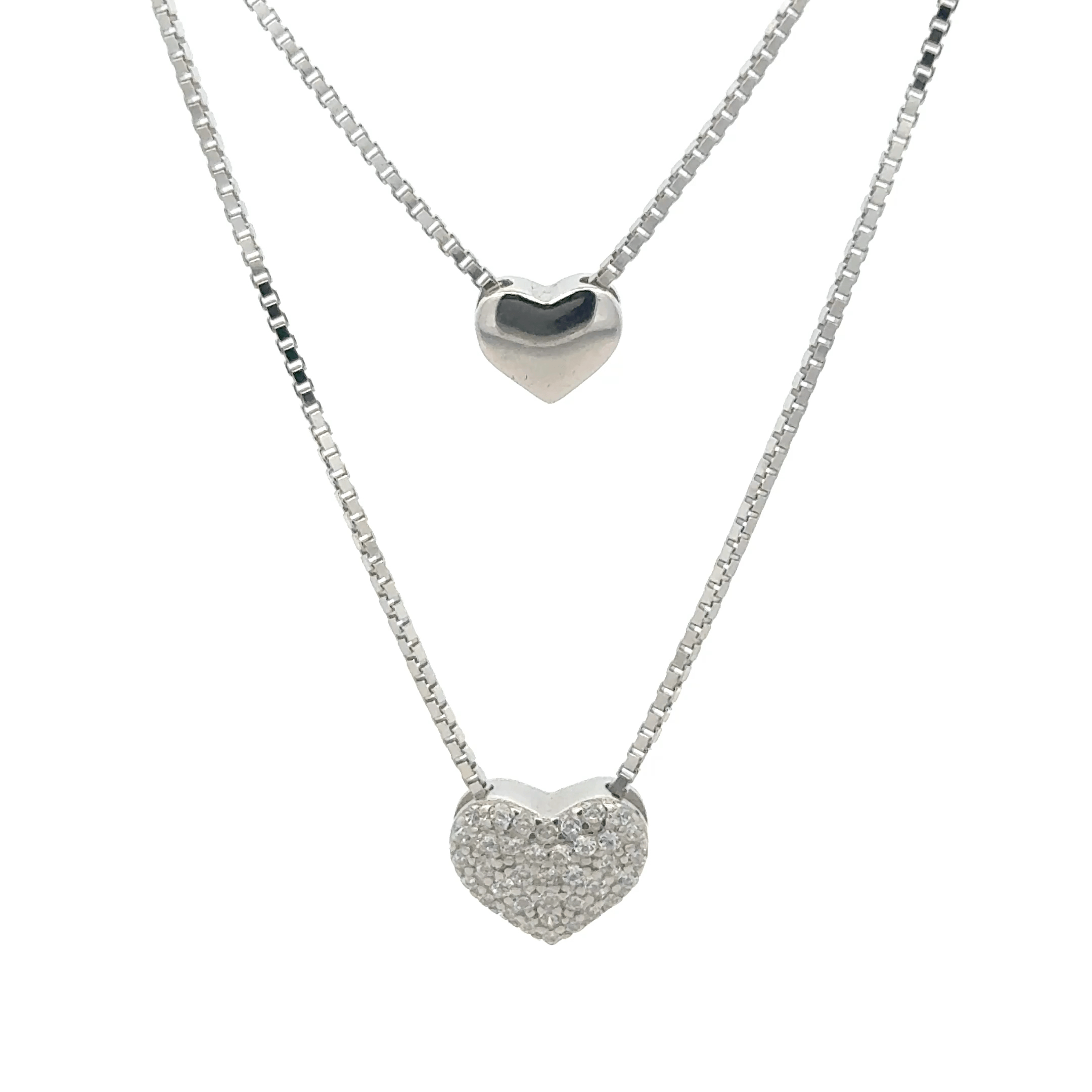 Rhodium Double layer heart chain with pendent