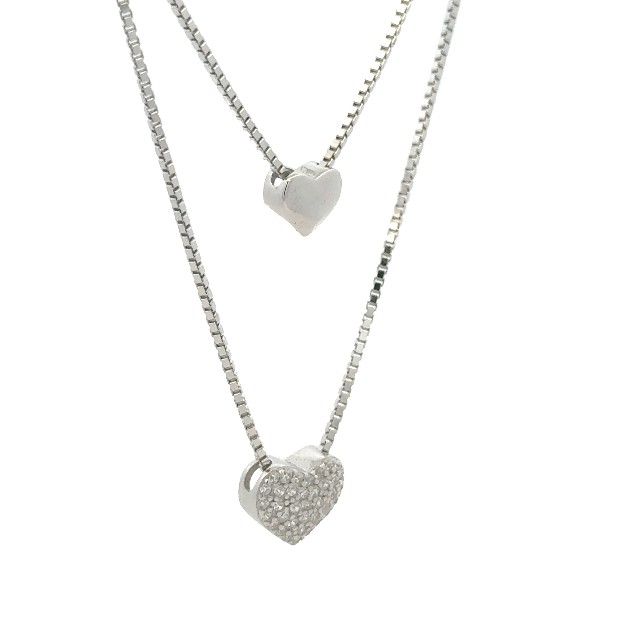 Rhodium Double layer heart chain with pendent