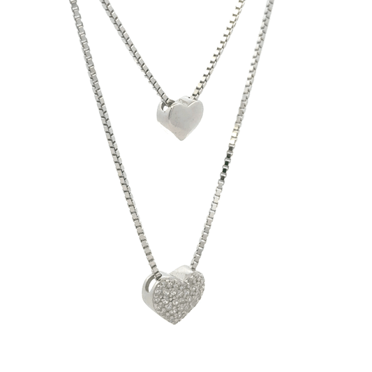 Rhodium Double layer heart chain with pendent
