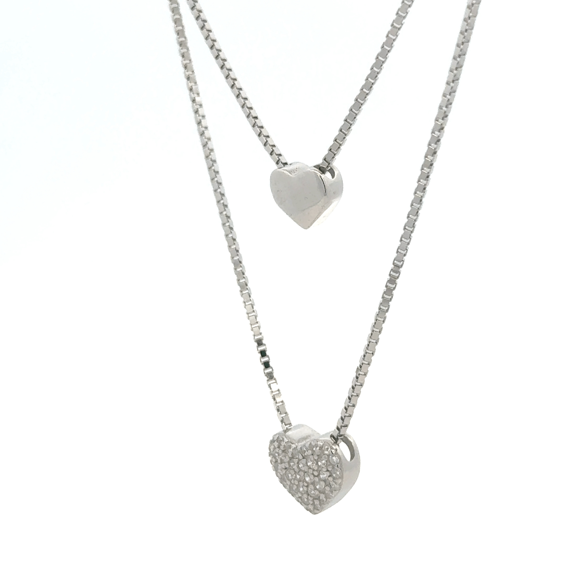 Rhodium Double layer heart chain with pendent