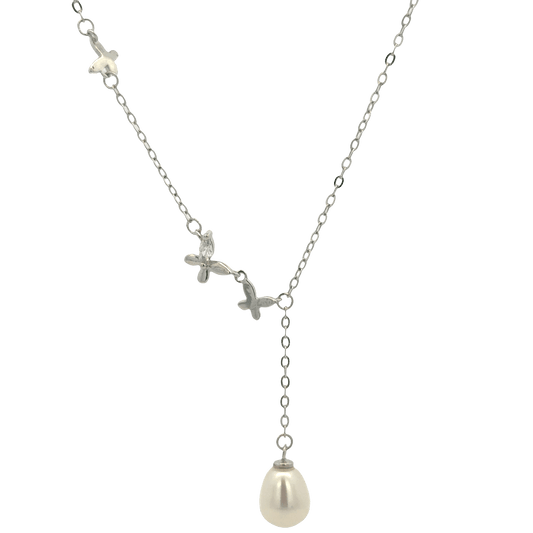 Rhodium Butterfly and pearl chain with pendent