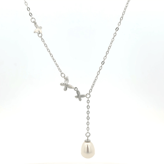 Rhodium Butterfly and pearl chain with pendent