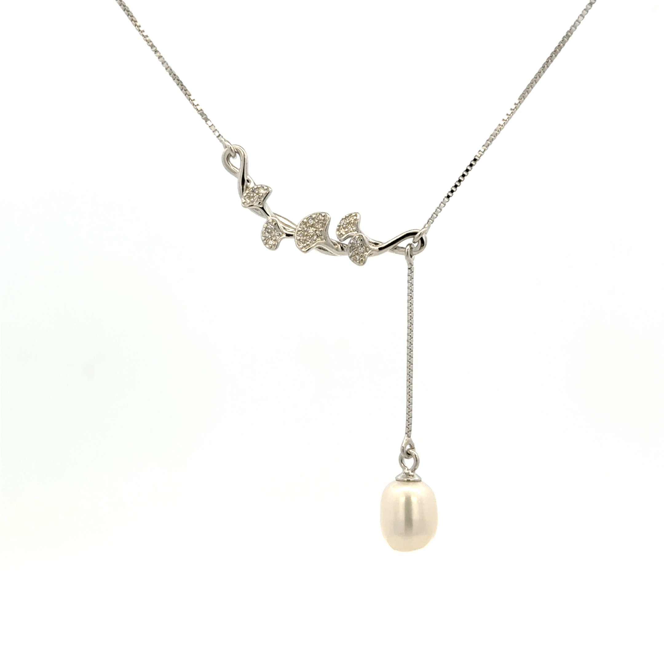 Rhodium Branch and pearl chain with pendent