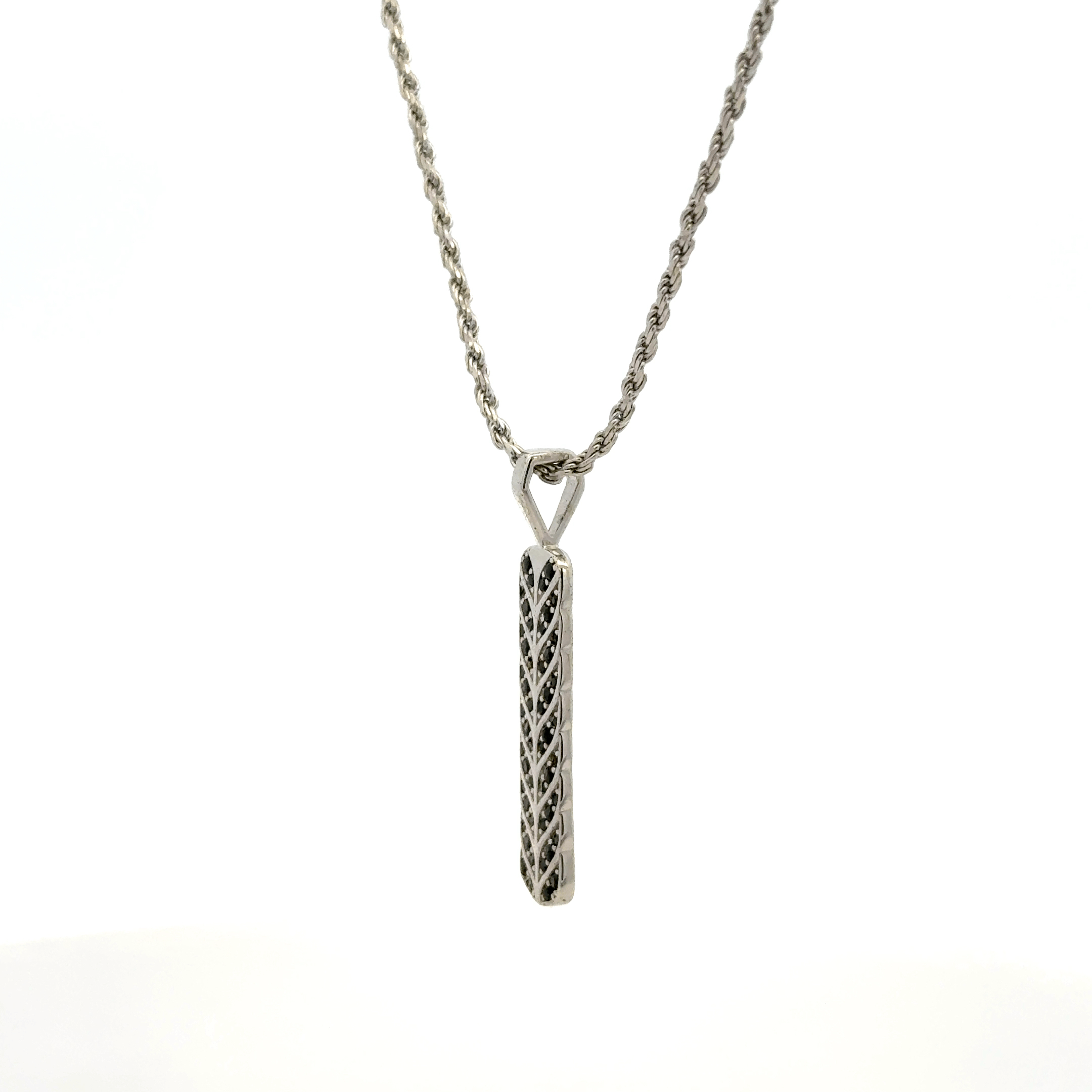 Rhodium chevron ingot tag chain with pendent