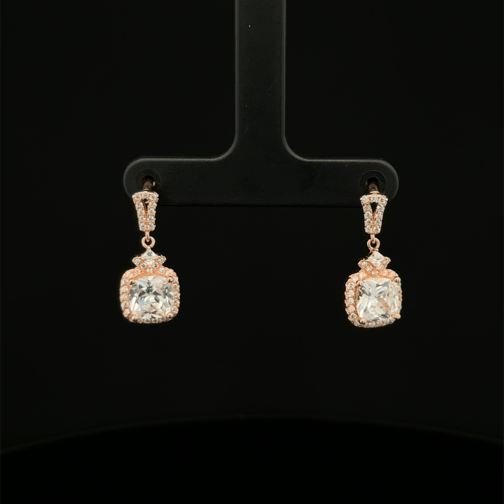 Rose Gold Cushion Cut Diamond Halo Drop Earrings