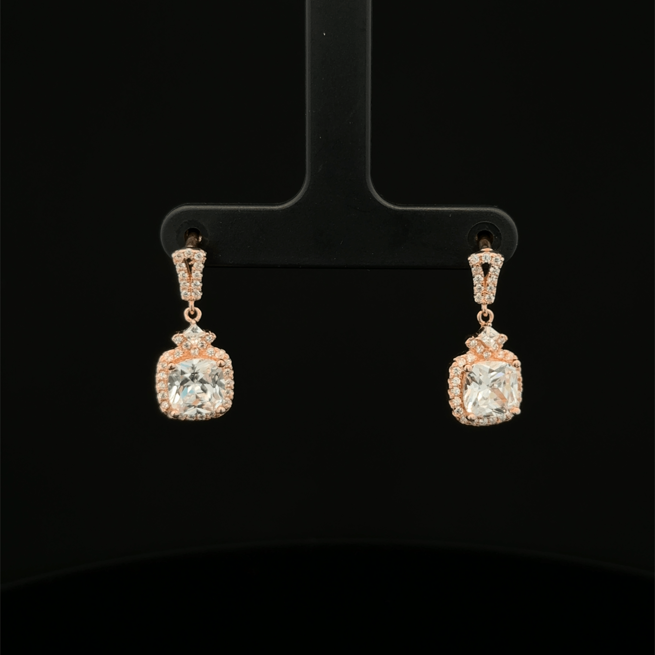 Rose Gold Cushion Cut Diamond Halo Drop Earrings