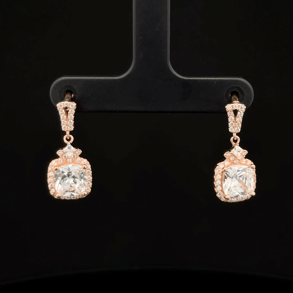 Rose Gold Cushion Cut Diamond Halo Drop Earrings
