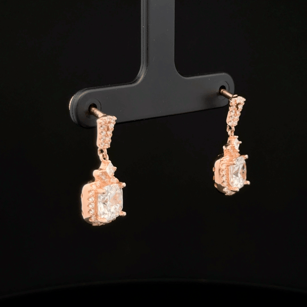 Rose Gold Cushion Cut Diamond Halo Drop Earrings