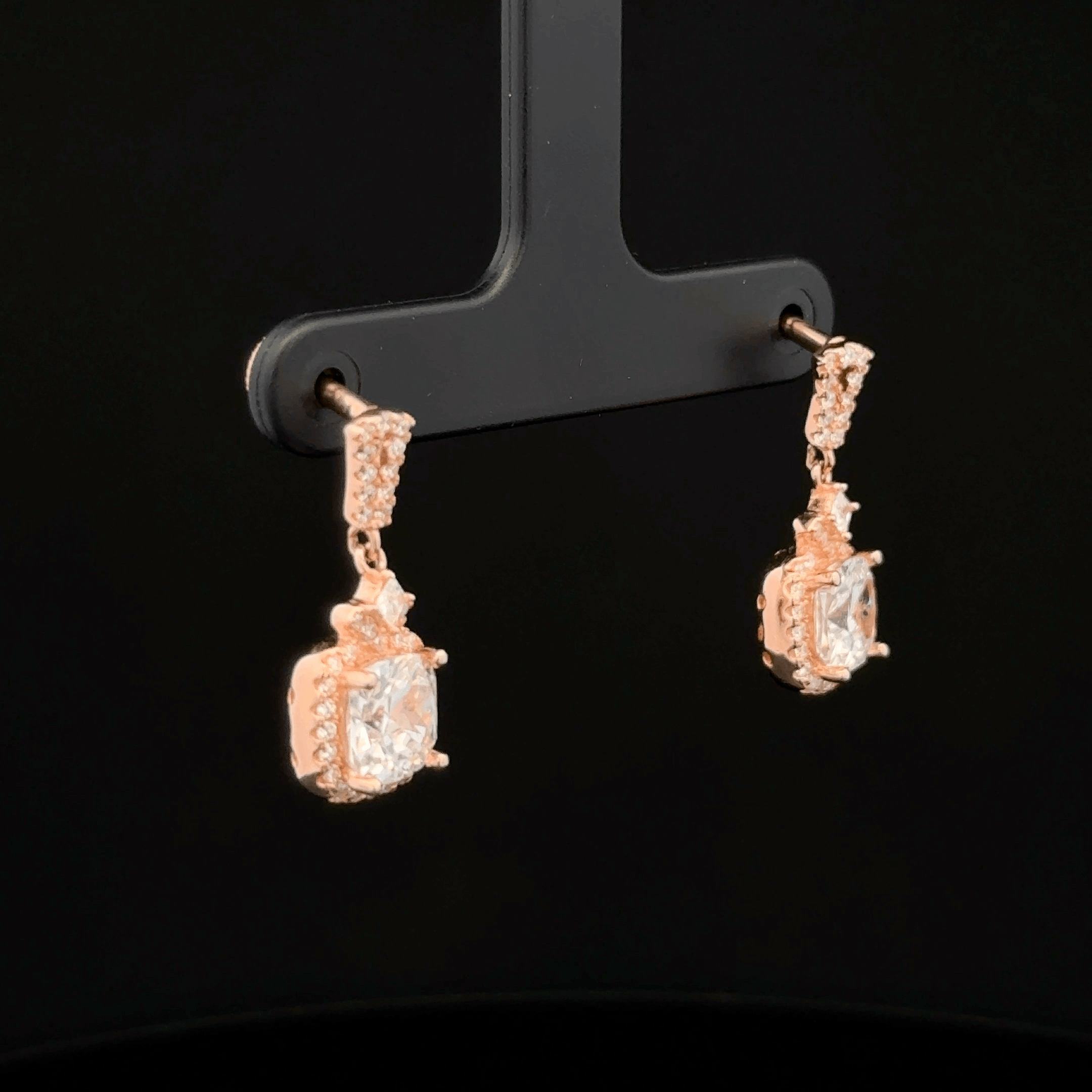 Rose Gold Cushion Cut Diamond Halo Drop Earrings