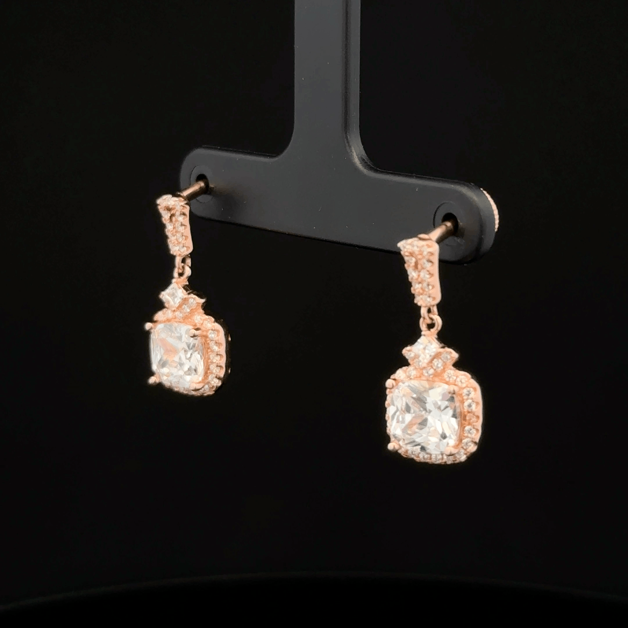 Rose Gold Cushion Cut Diamond Halo Drop Earrings