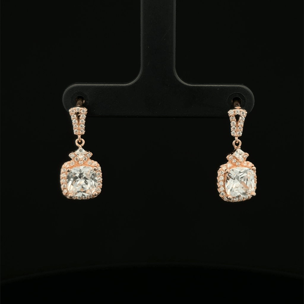 Rose Gold Cushion Cut Diamond Halo Drop Earrings