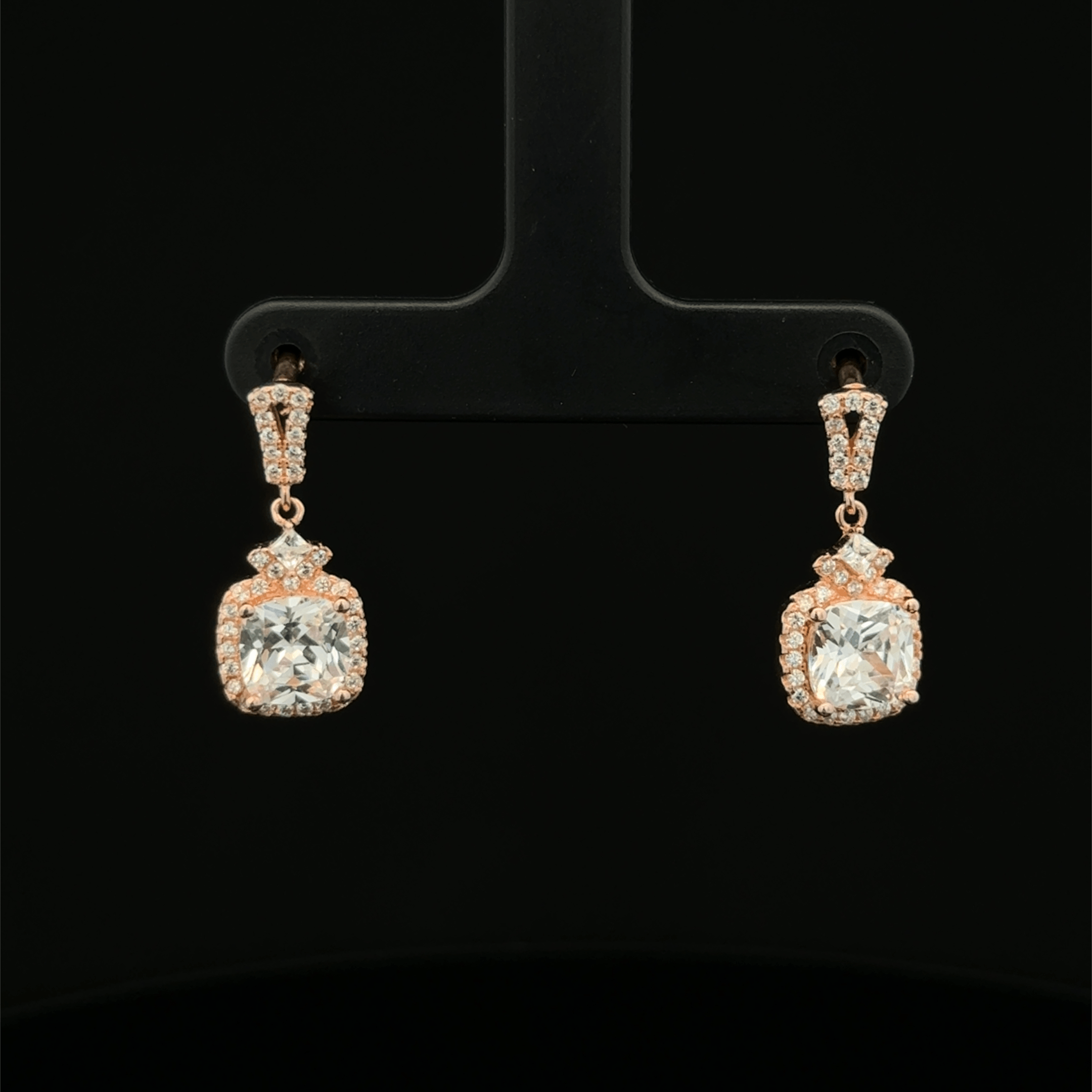 Rose Gold Cushion Cut Diamond Halo Drop Earrings