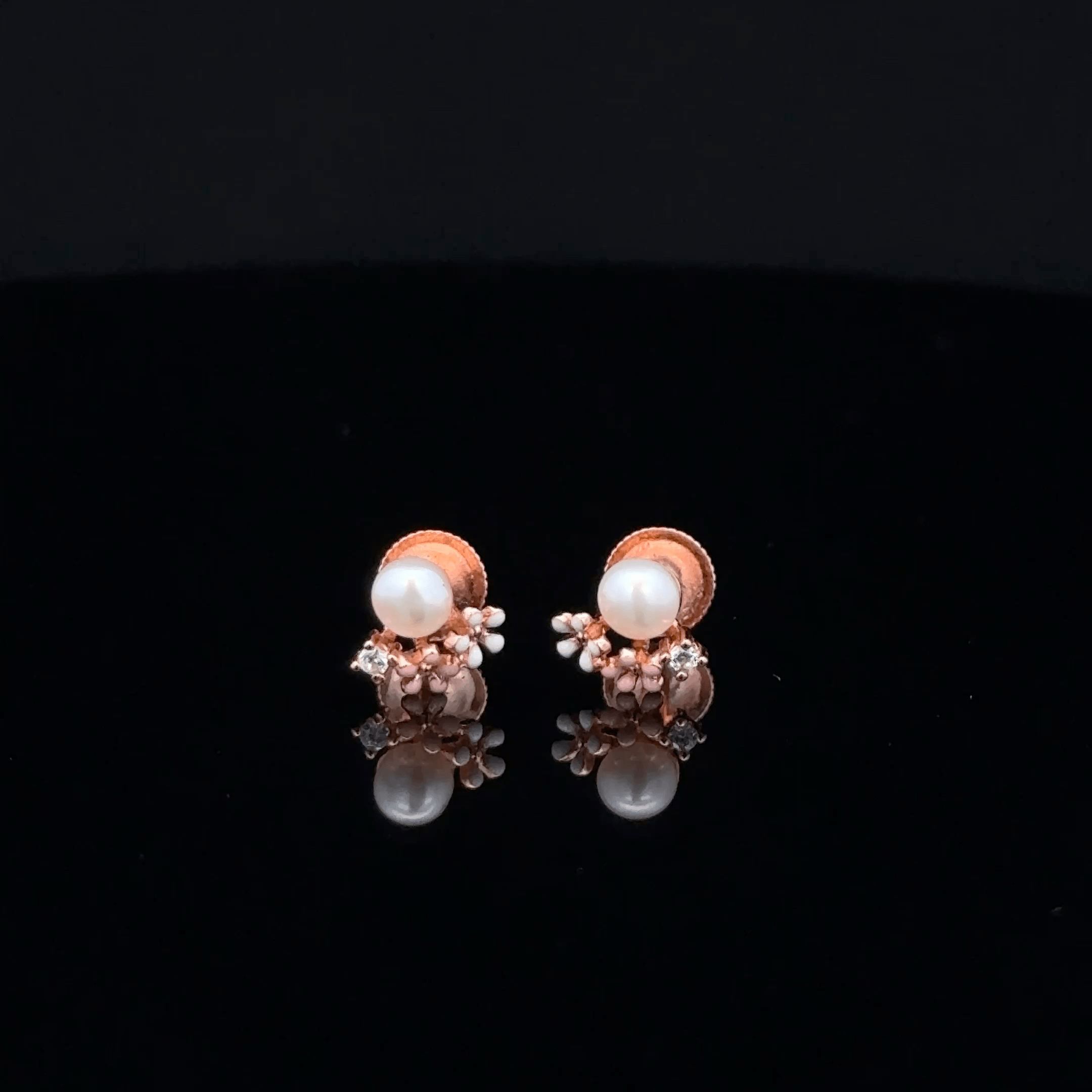 Rose Gold Pearl Stud Earrings with Enamel Flower Cluster