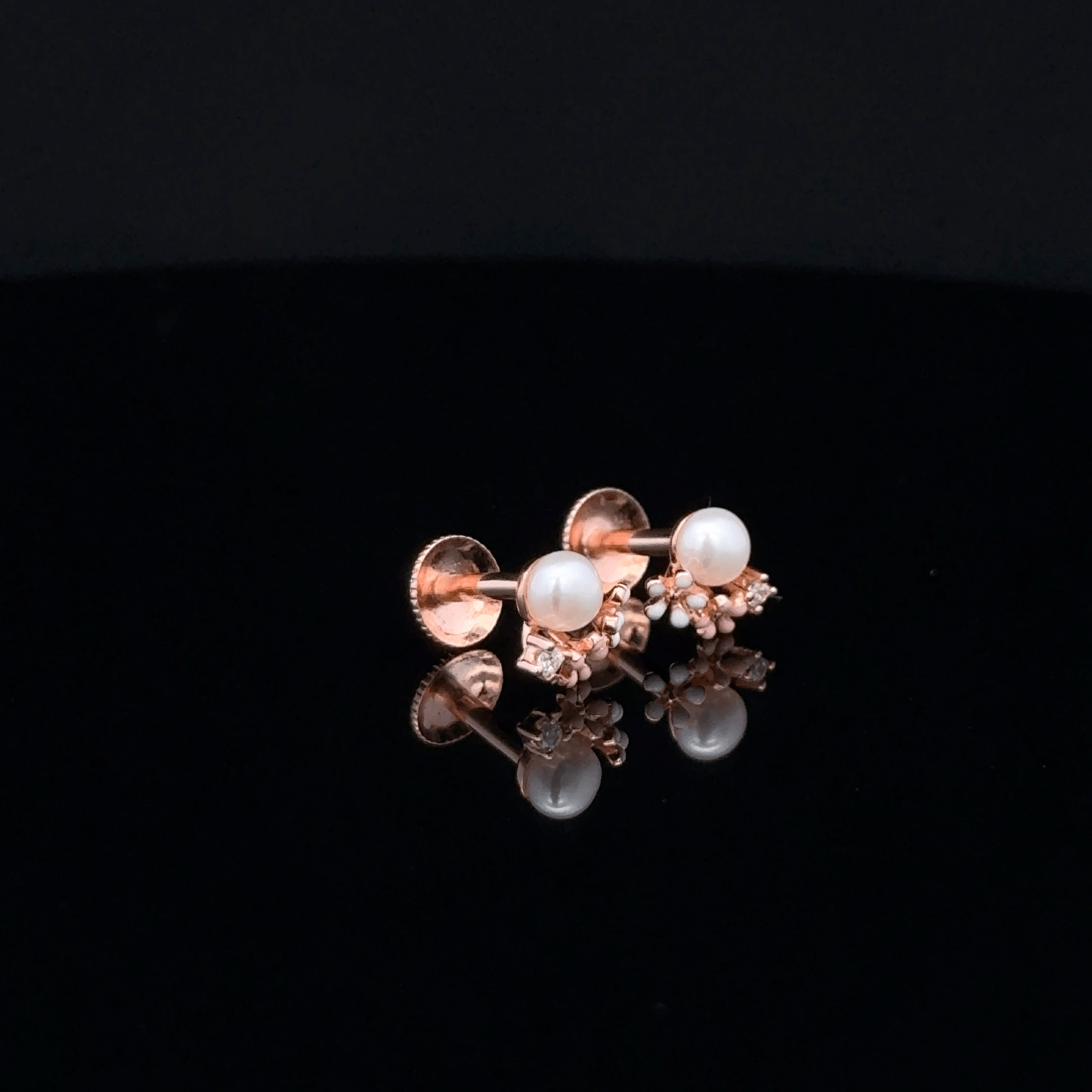 Rose Gold Pearl Stud Earrings with Enamel Flower Cluster
